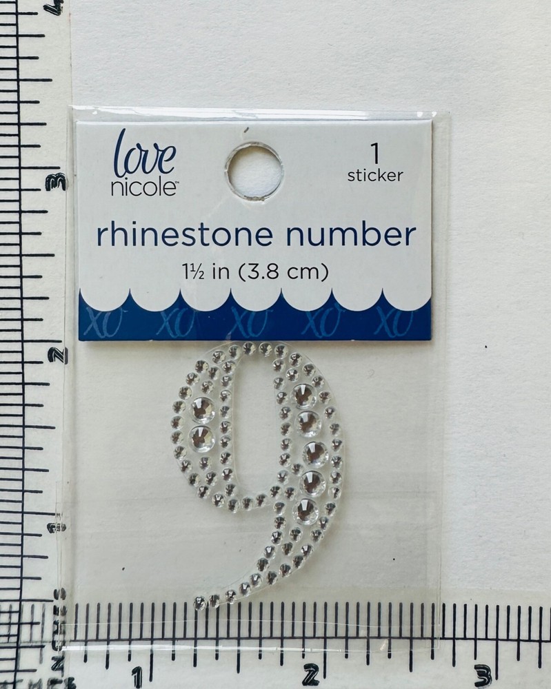 Number 9 Rhinestone Sticker 1.5″ Clear Silver Glitter Scrapbook Monogram Bling
