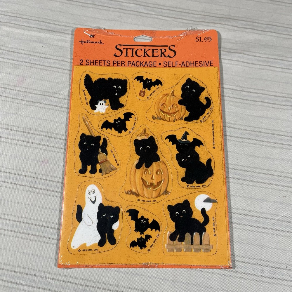 HTF Vintage Hallmark Halloween Stickers Fuzzy Black Cats Bats Ghosts 1989 New