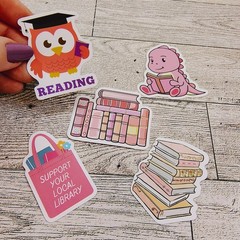 Reading & Library 5pc Sticker Bundle: Owl, Dinosaur, Book Stacks, Library Tote