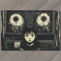 STICKER Girl Staring TV Set Haunted Eyes Look Child Black Horror Creepy Weird