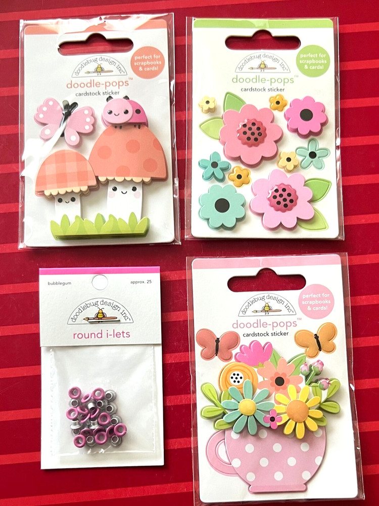 #D183 LADYBUG MUSHROOMS FLOWERS BRADS CUP OF FLOWER DOODLE-POPS 3D STICKERS