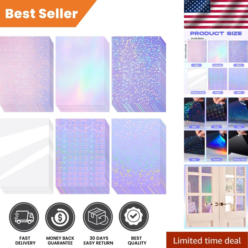 Colorful A4 Holographic Sticker Sheets – Waterproof & Easy to Use, 36 Pack