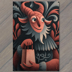 STICKER Goat Holding Bag Whimsical Red Black Fantasy Character Design
