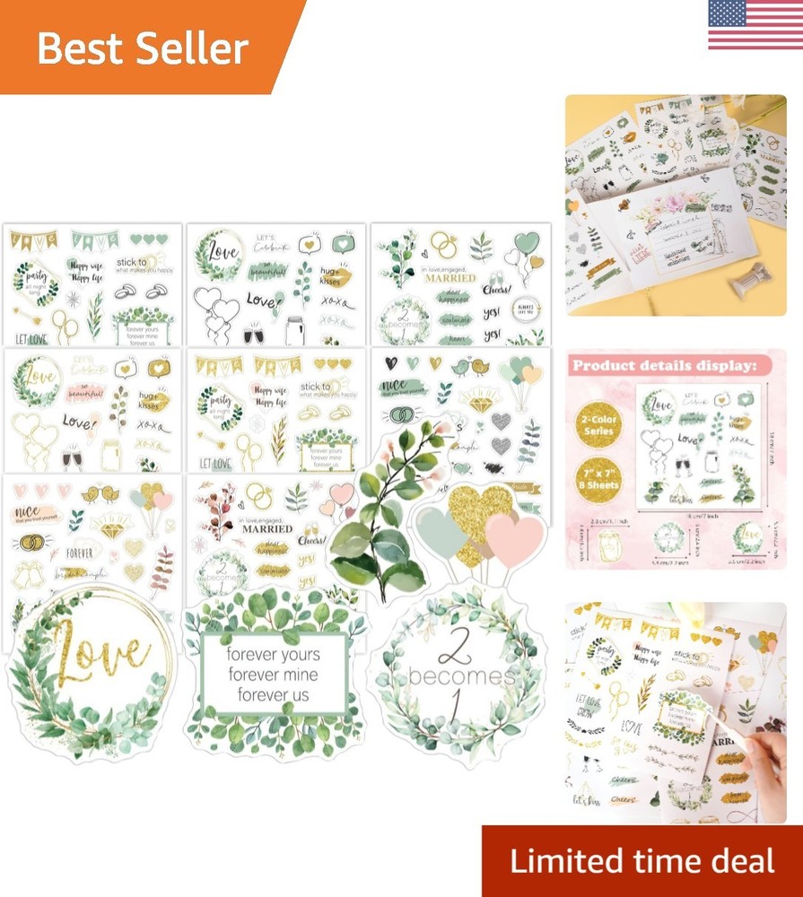 Romantic Gold-Green Waterproof Stickers Set – 8 Sheets for DIY Wedding Projects