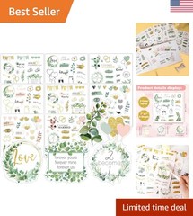 Romantic Gold-Green Waterproof Stickers Set – 8 Sheets for DIY Wedding Projects