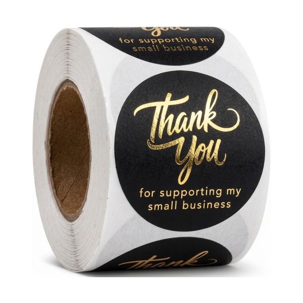 500 Thank You for Supporting My Business Stickers – 1.5 Inch Black & Gold Labels
