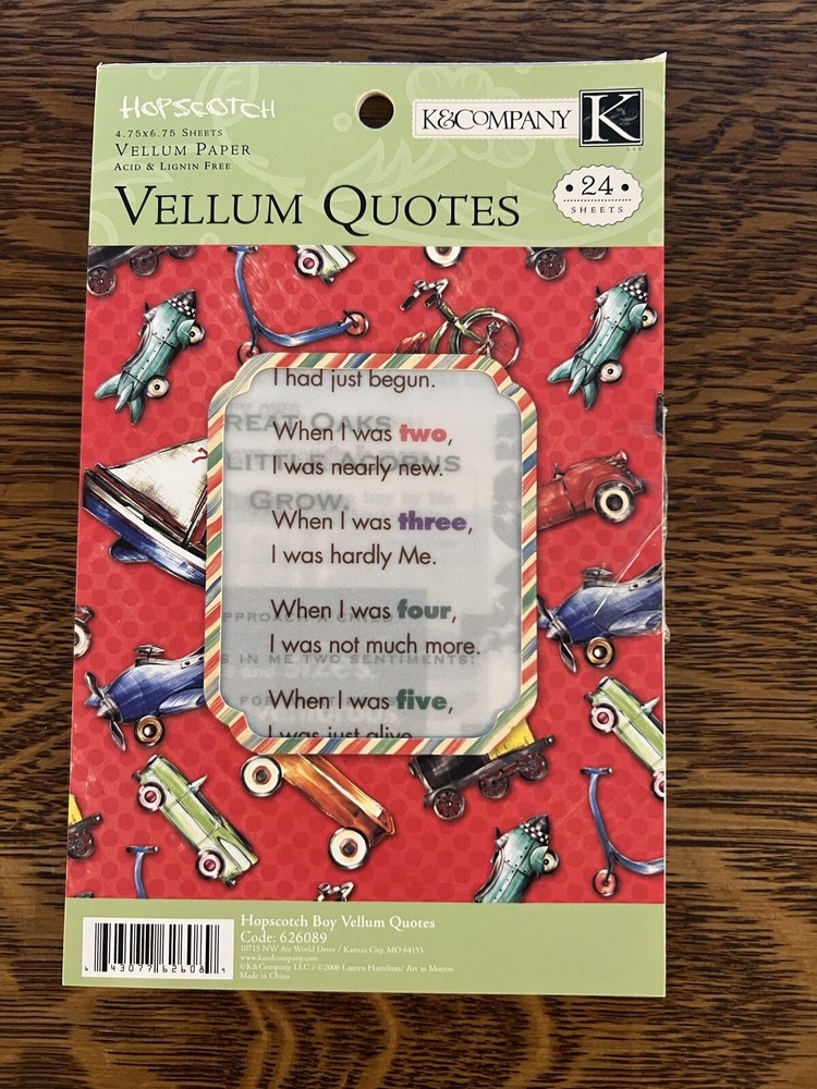 BOY Vellum Quotes & Sayings • 24 Sheets Over 75 Phrases• K&Company Hopscotch NEW
