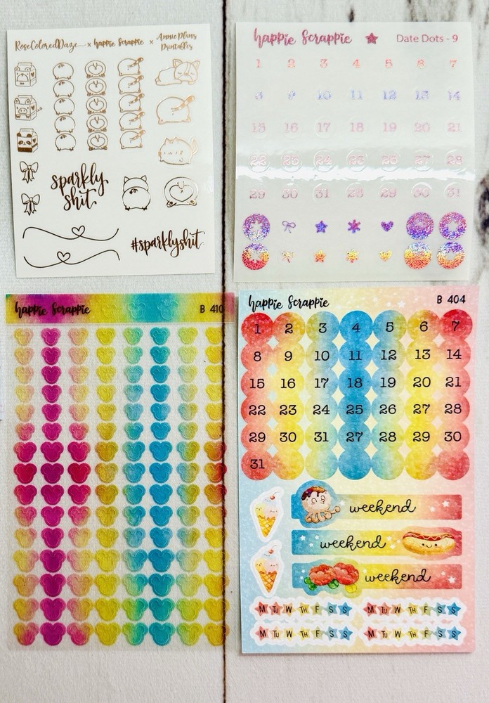 Lot x4 Happie Scrappie Planner Kit Sticker Sheets Mickey Sparkly Pink Date Dots