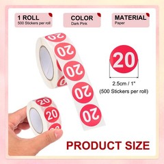 Number 20 Stickers 1″ Round Coded Self-Adhesive Labels Dark Pink 500Pcs/Roll