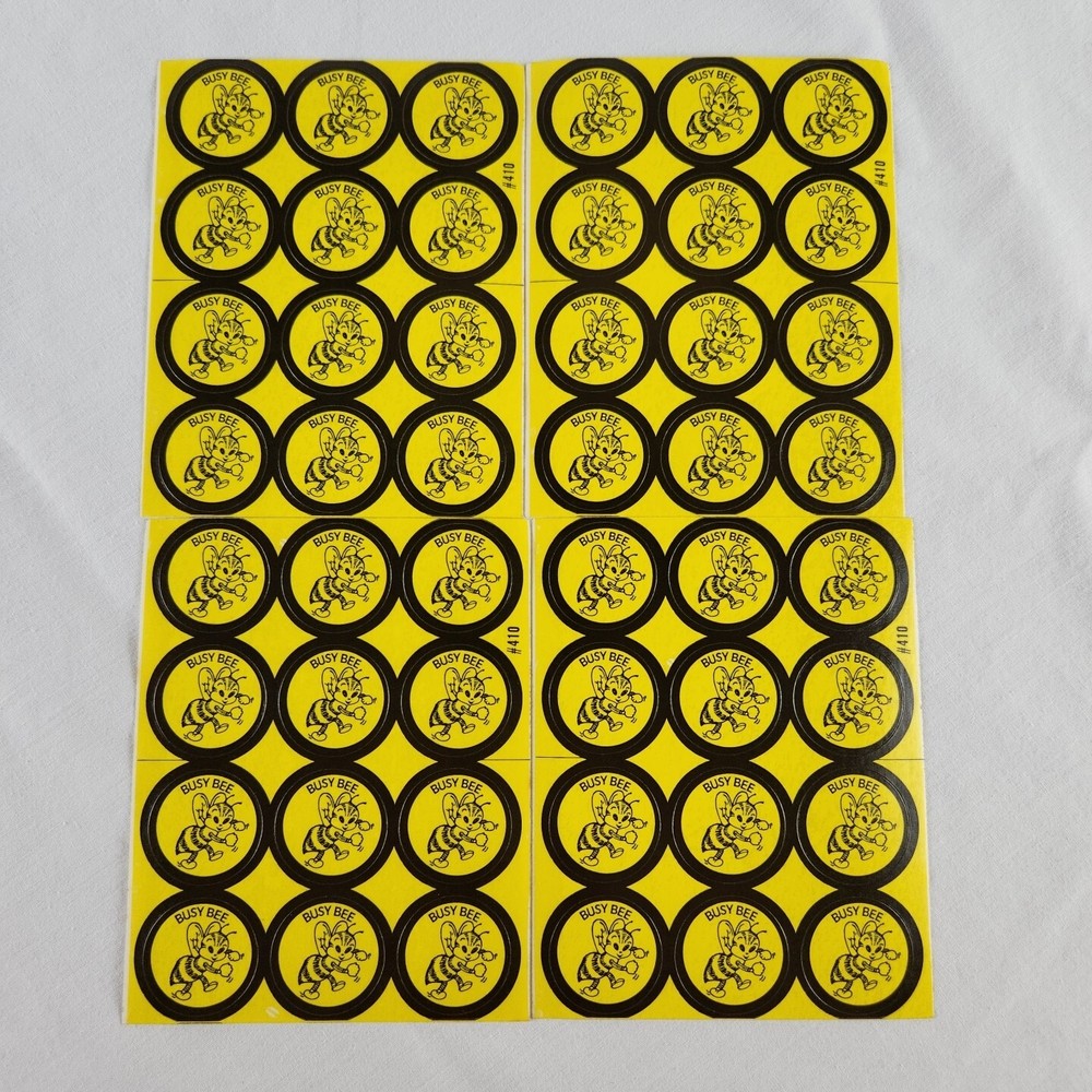 Vintage Busy Bee Stickers Scrapbook Reward Yellow BEE Lot 4 Sheets 48 Total 80s