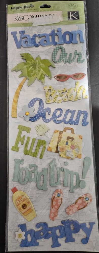 K&Company Happy Trails Words Adhesive Chipboard- Vacation, Beach, Fun, Road Trip