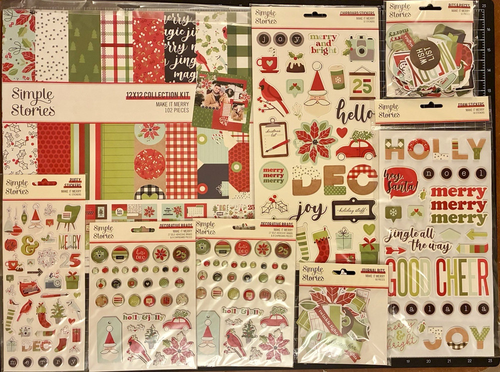Simple Stories MAKE IT MERRY 12×12 Collection Kit, Bits, Brads, Stickers LOT