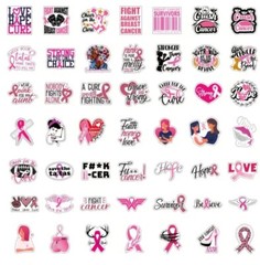 50 Pieces Pink Ribbon Breast Cancer Awareness Waterproof Stickers Motivational