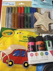 Mixed Brands Craft Lot: Crafter’s Square Glitter Glue, Jot Tins, Crayola 3D Wood