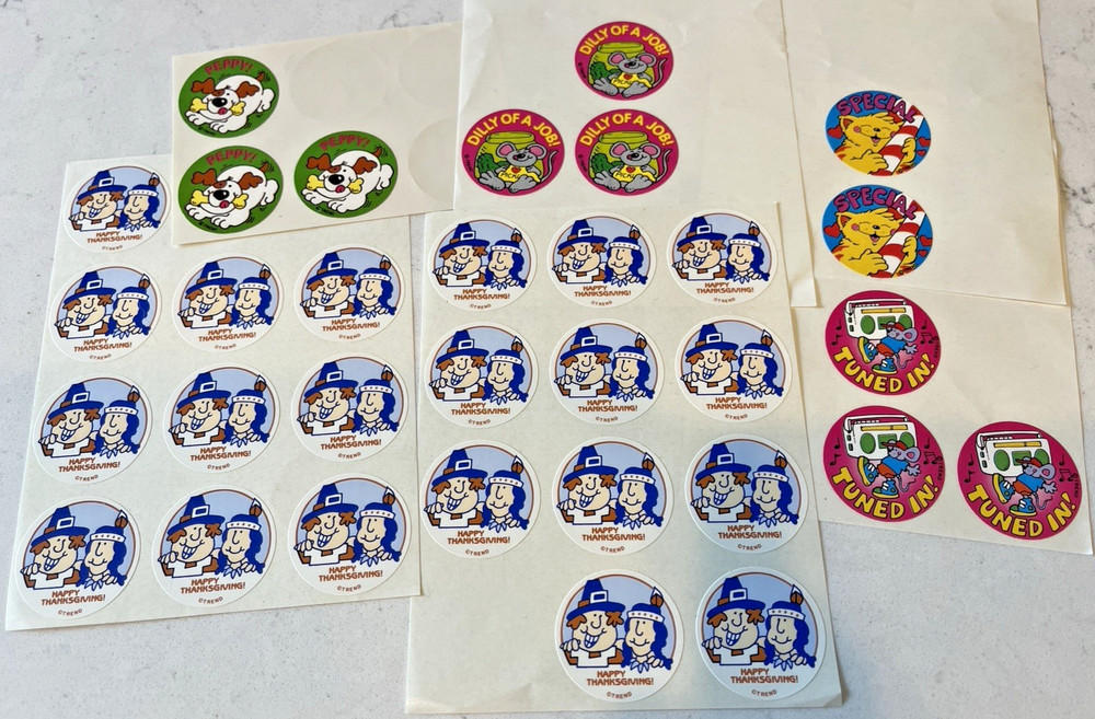 Vintage 80s TREND Scratch & Sniff Sticker Lot of 32 Thanksgiving Cat Mouse Dog