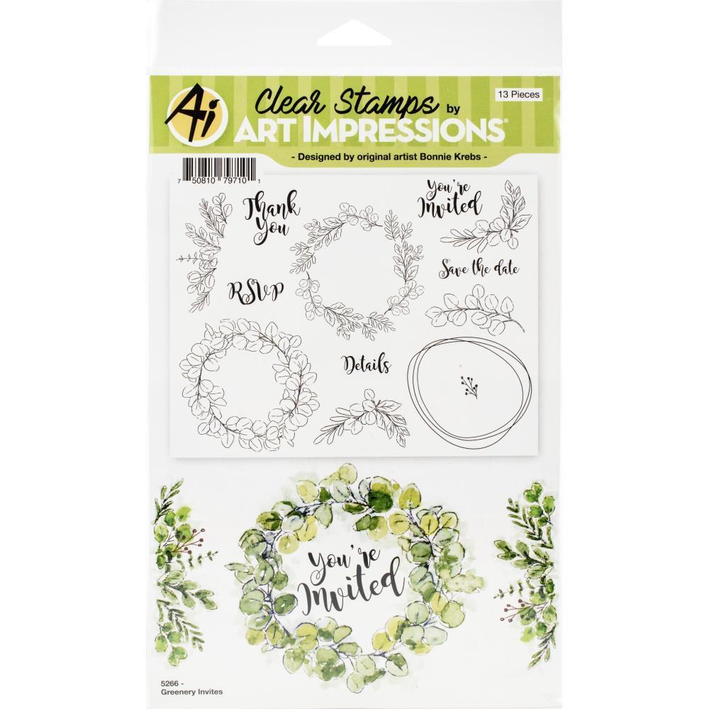 New Art Impressions Rubber Stamps clear cling GREENERY INVITE SET free USA ship