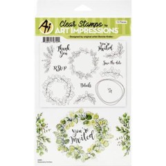 New Art Impressions Rubber Stamps clear cling GREENERY INVITE SET free USA ship