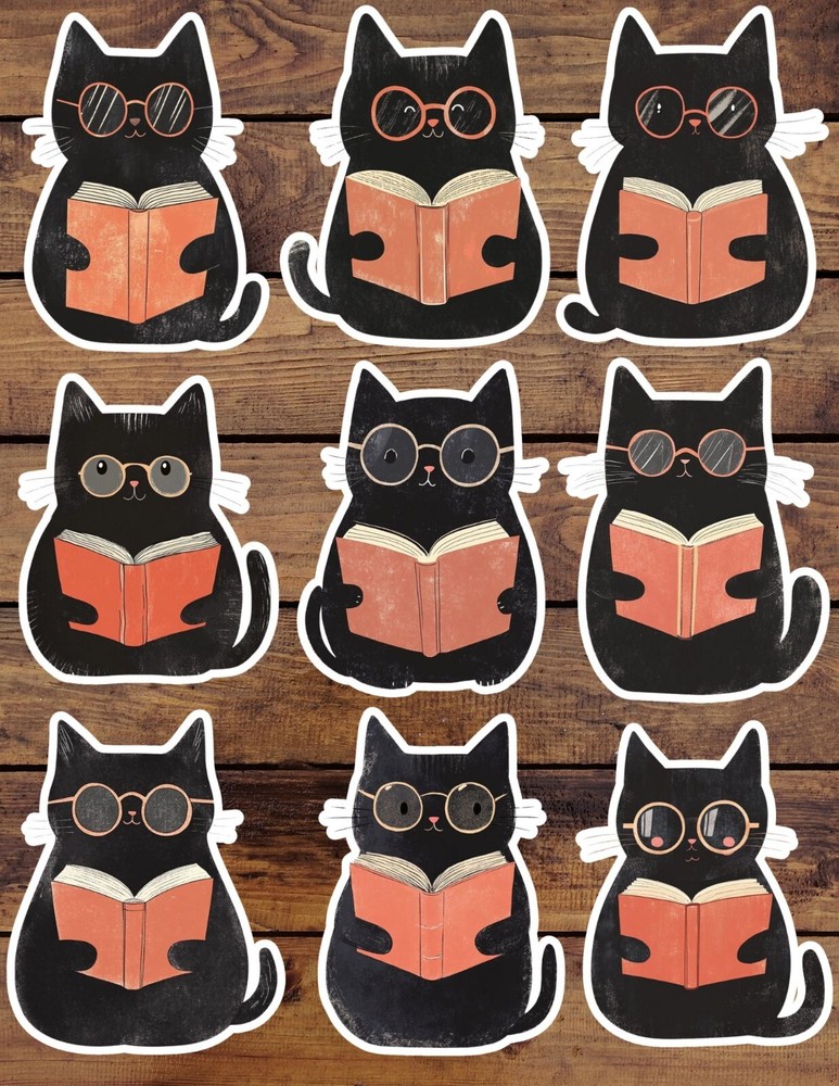 Black Cat Reading Book Vinyl Stickers Set Scrapbooking Laptop Waterbottle