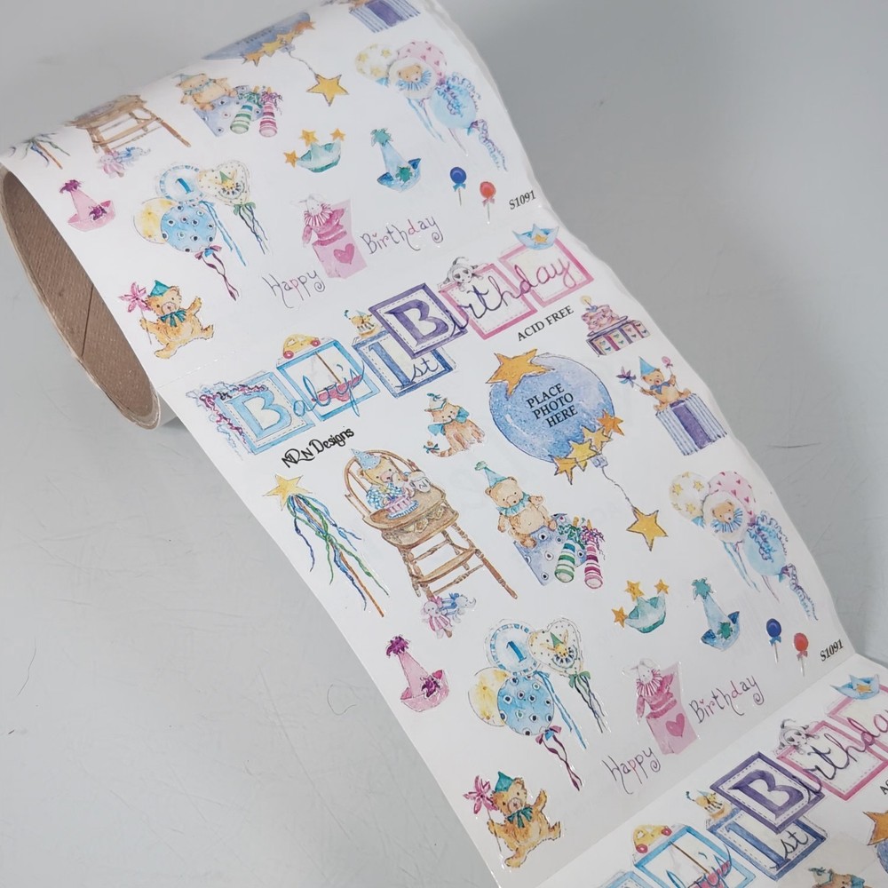 Vintage NRN Designs Babys 1st Birthday Sticker Roll Lot of 8 Sheets
