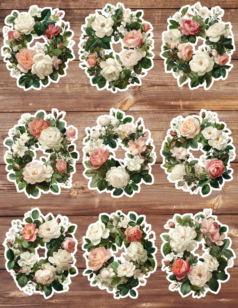 Vintage Style Rose Wreath Die Cut Stickers Set Scrapbooking Laptop Waterbottle