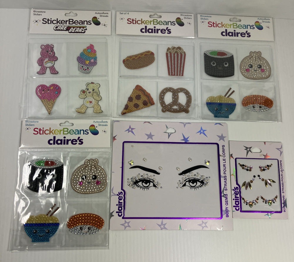 Claire’s StickerBeans Body Gems Rhinestone Stickers Lot Care Bears Sushi Popcorn