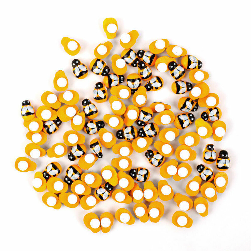 100pcs Mixed Mini Bees Self Adhesive Wooden Bumble Bee Craft Card Wood Decor DIY