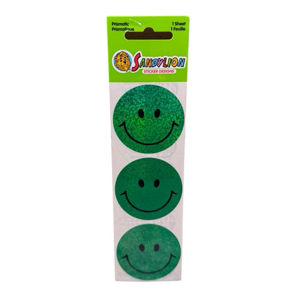 Vtg Sandylion Stickers Large Green Happy Smile Face Shiny Foil Smiley Sealed