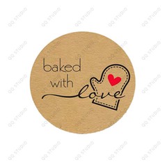 500 1in Kraft Heart Baked with Love Sticker Round Shaped Chrome Paper For Bakery