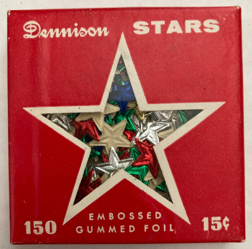 150 Dennison Gummed Foil Multi-Color Stars-Gold, Silver, Red, Blue, Green