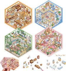 4 Sets DIY 3D House Scene Stickers – Forest, Deep Sea, Paradise Garden, Island