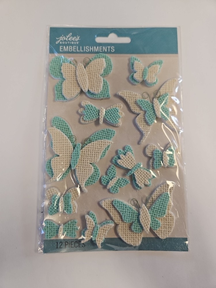 Butterflies Dimensional Scrapbooking Stickers Jolee’s White Blue Burlap 12 Piece