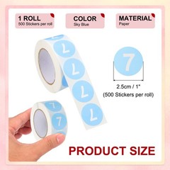 Number 7 Stickers 1″ Round Coded Self-Adhesive Labels Sky Blue 500Pcs/Roll
