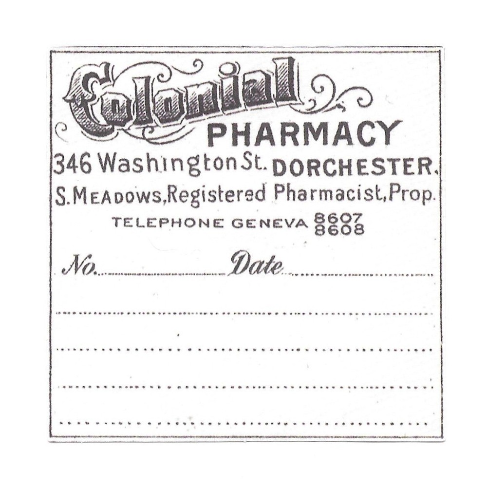 Vintage Colonial Pharmacy Drug Store Dorchester Paper Sticker Decal Die Cut