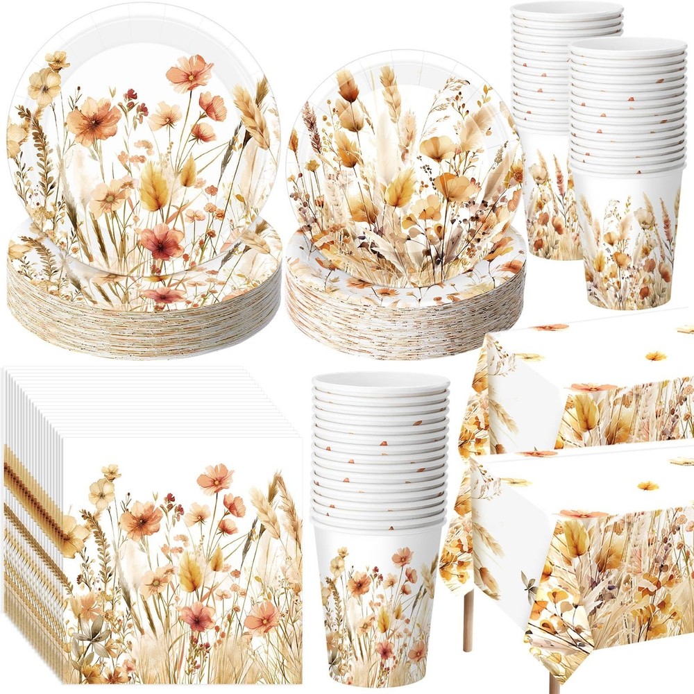 Layhit 202 Pcs Fall Wildflower Party Decoration Supplies Brown Floral Paper P…