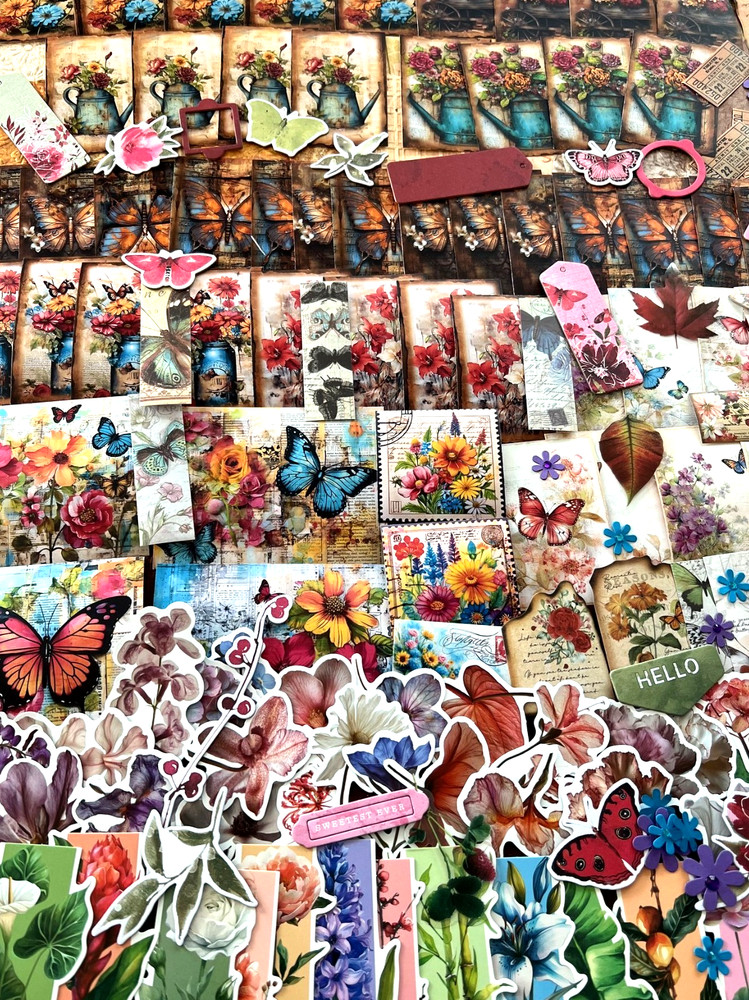 #702 – FLORAL BUTTERFLY – 15 PIECES – SCRAPBOOK JUNK JOURNAL SUPPLIES/KIT / LOT