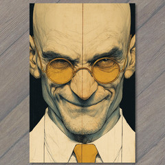 STICKER Bald Man Portrait Round Glasses Yellow Lenses Intense Expression