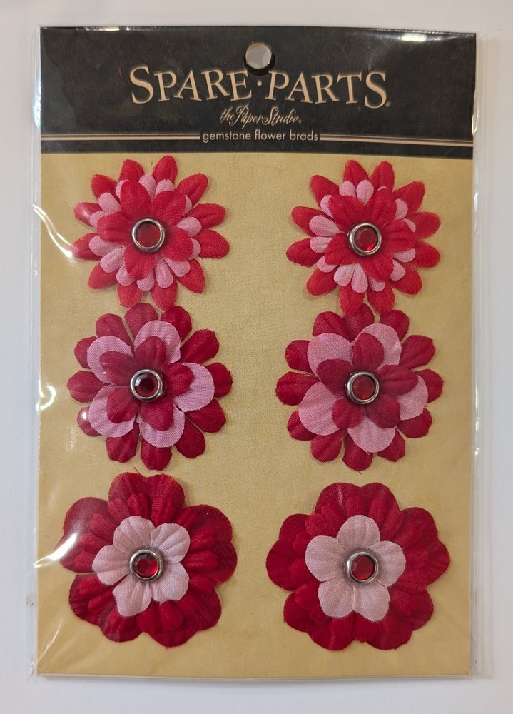 Red & Pink Fabric Flowers Scrapbooking Brads By The Paper Studio Spare Parts