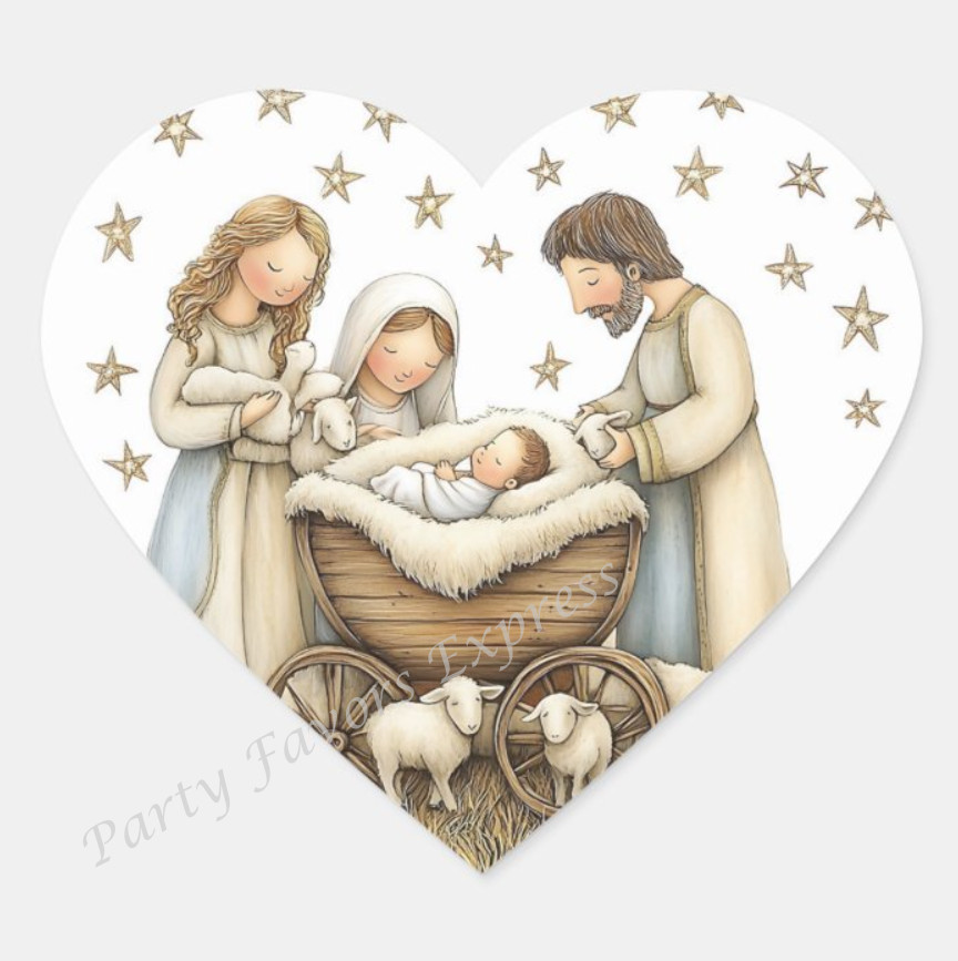 NATIVITY CHRISTMAS ENVELOPE SEALS LABELS STICKERS PARTY FAVORS – (Heart Shaped)