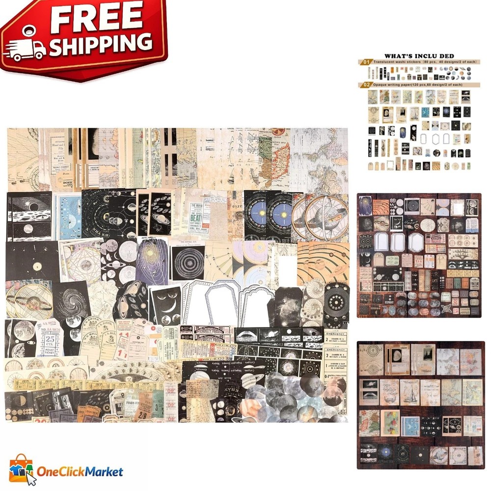 200pcs Vintage Celestial Journal Supplies – Scrapbooking Paper & Stickers Kit