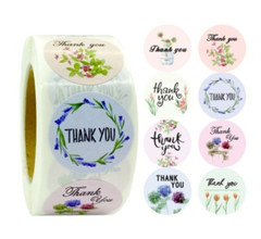 500 Stickers Thank You Adhesive 1 Inch 8 Flower Designs Round Art Paper Roll