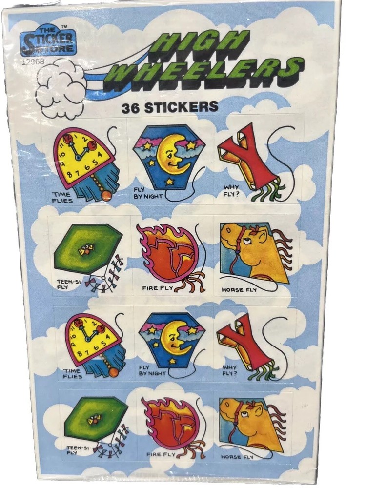 Vintage Sticker Store Stickers Kites High Wheelers Time Flies Horse Fly 3 Sheets