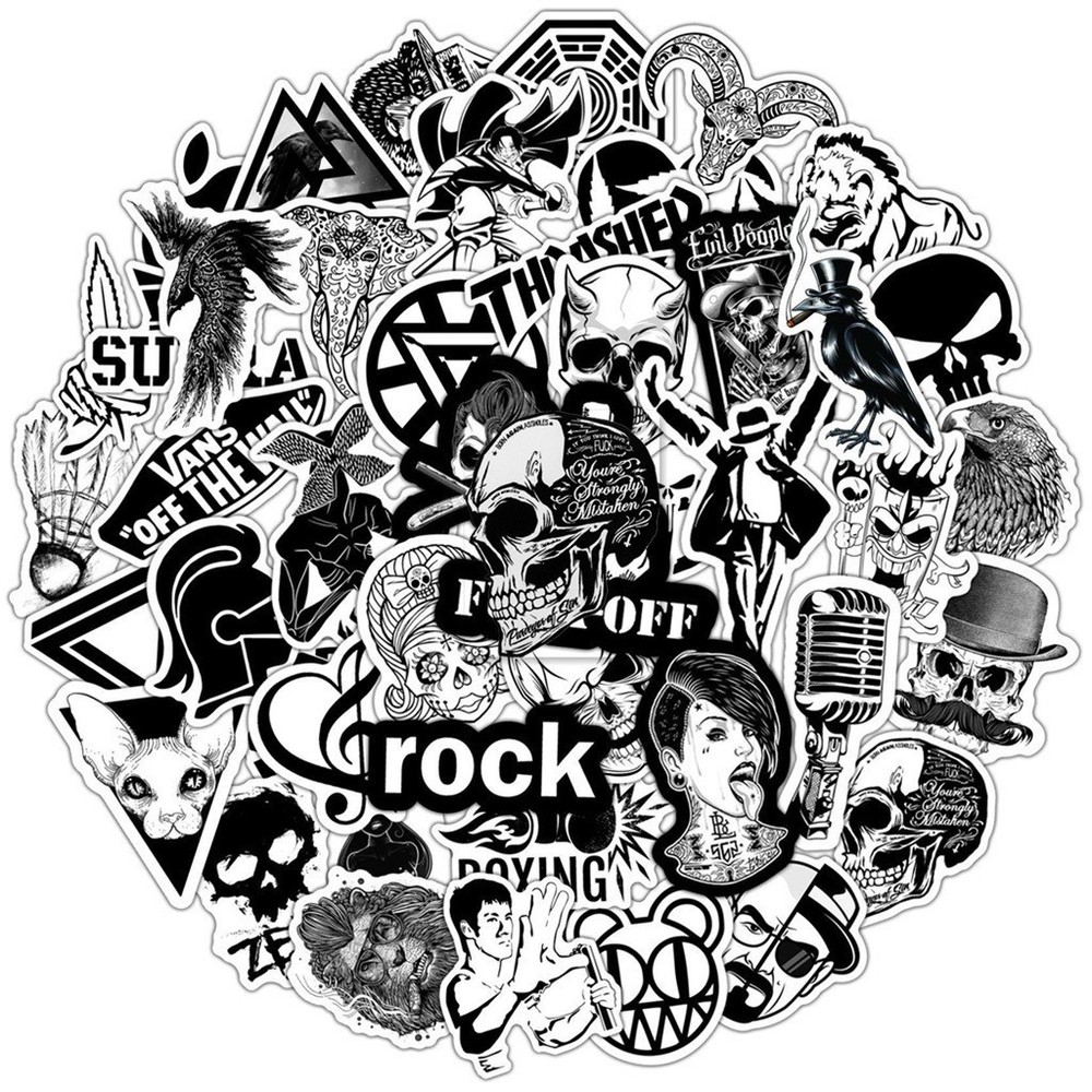 50Pcs Funny Punk Stickers | Black & White DIY Waterproof Decals | Series 01