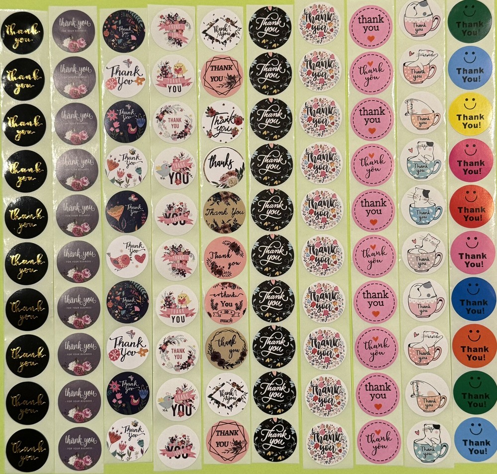 100 THANK YOU Stickers Assorted Multi Design Mixed Lot 1” Diameter