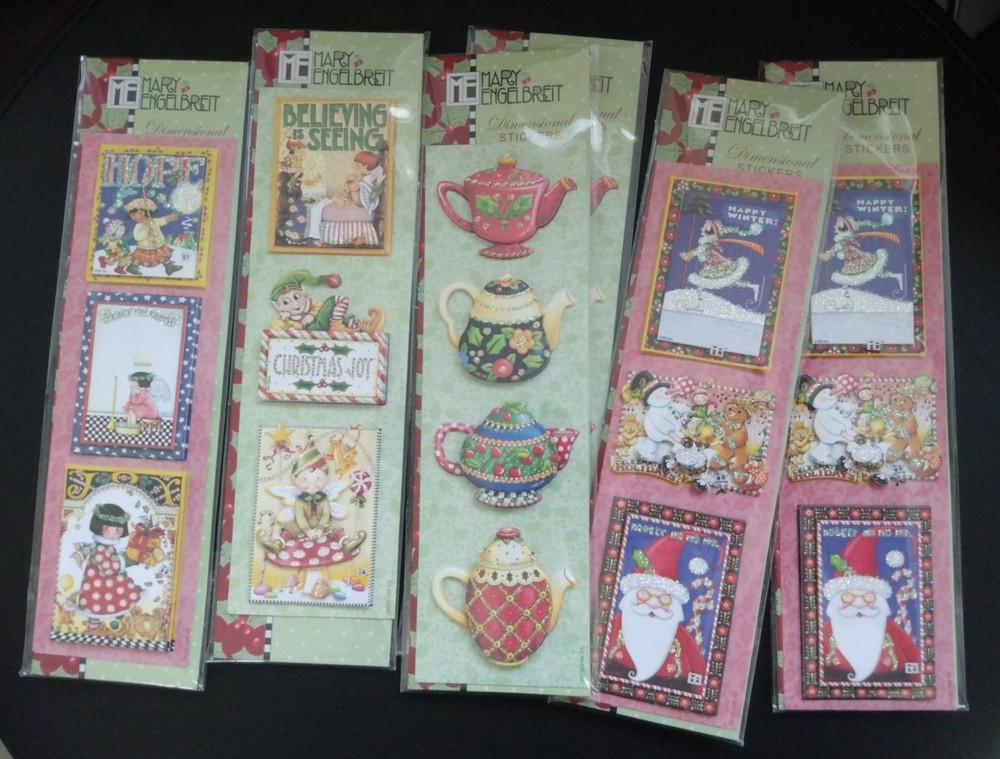 Mary Engelbreit Lot 6 Dimensional Stickers Christmas Winter Teapot