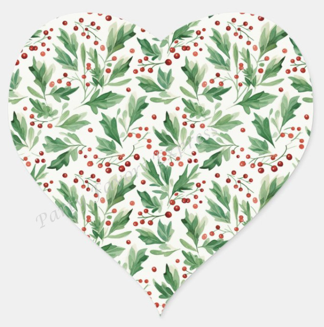CHRISTMAS HOLLY PATTERN ENVELOPE SEALS LABELS STICKERS FAVORS- (Heart Shaped)