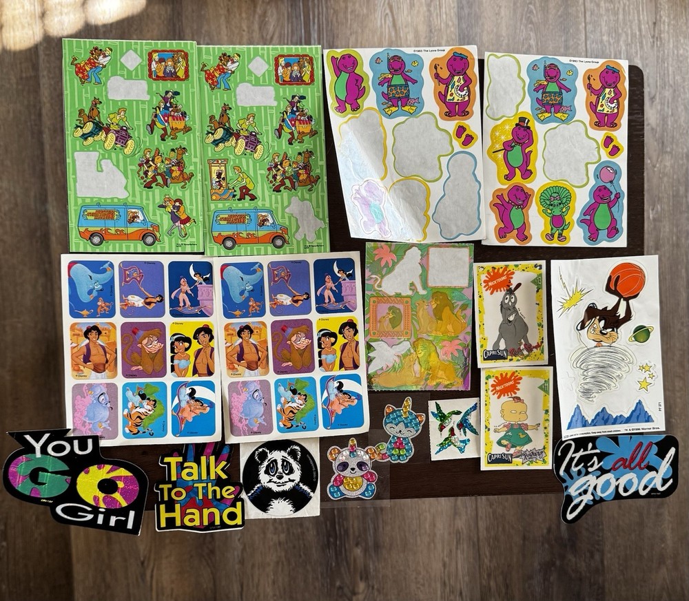 90s Sticker Lot Scooby Doo Barney Aladdin Nicktoons Looney Tunes Sheets & Decals