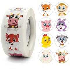 500 pc Sticker Seals Roll Cartoon Animals Monkey Dog Cow Pig Chick Self Adhesive