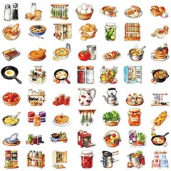 56 pcs Kitchen Food Cooking Clear PET Stickers, Vintage Bakery