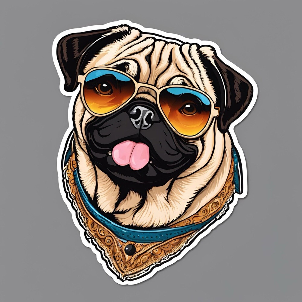 3×2” Groovy Pug Wearing Sunglasses Sticker NEW DESIGN! Colourful Decal