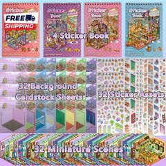 4 Sticker Books (1200+) 32 DIY 3D Scene Sticker Collection with Tweezers